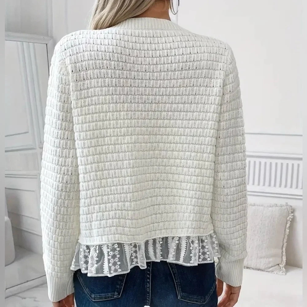 Elegant White Knit Sweater with Lace Trim